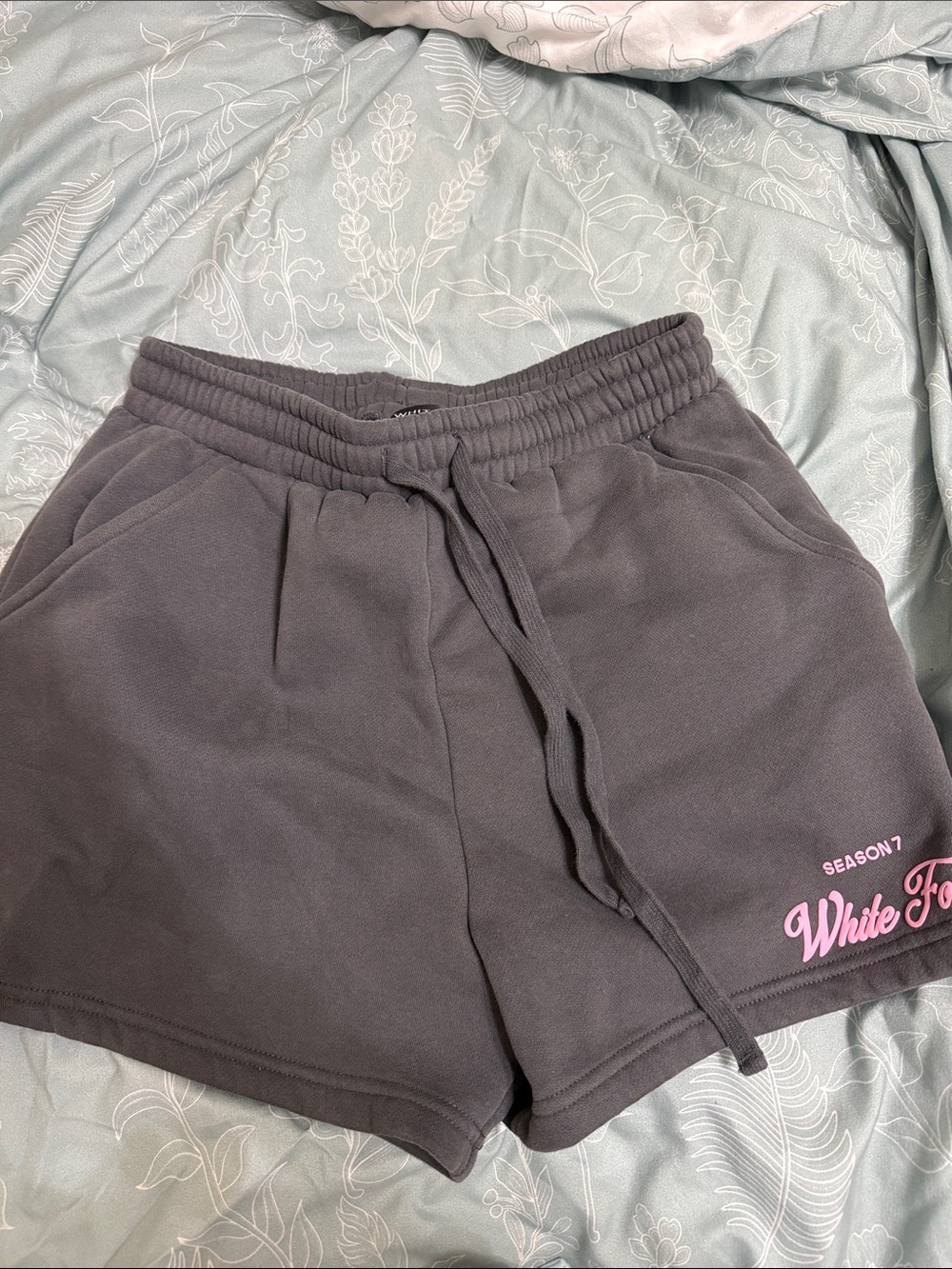 White Fox Boutique Gray Drawstring Athletic Shorts with Pink Logo